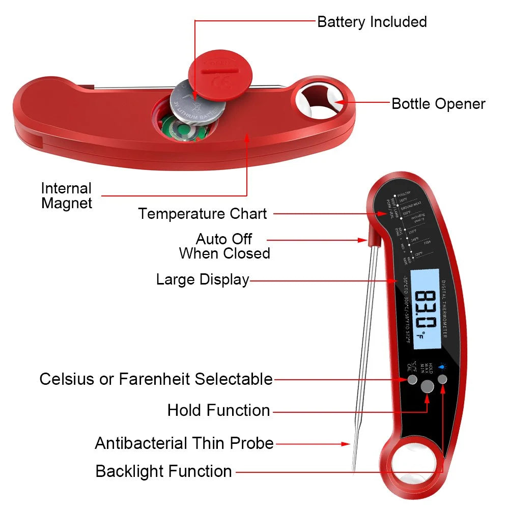 Digital Meat Thermometer for Grill, Instant Read Grill Thermometer, Stainless Steel Food Thermometer for Outdoor Cooking BBQ Accessories, Cooking Thermometer for Kitchen Oven