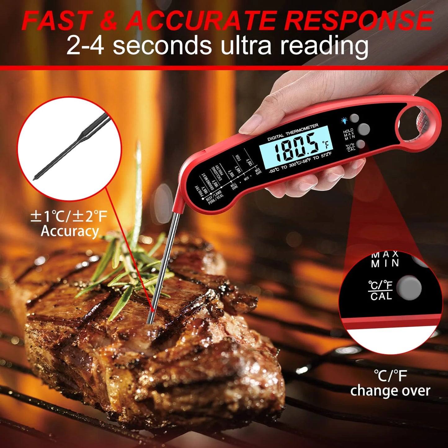 Digital Meat Thermometer for Grill, Instant Read Grill Thermometer, Stainless Steel Food Thermometer for Outdoor Cooking BBQ Accessories, Cooking Thermometer for Kitchen Oven