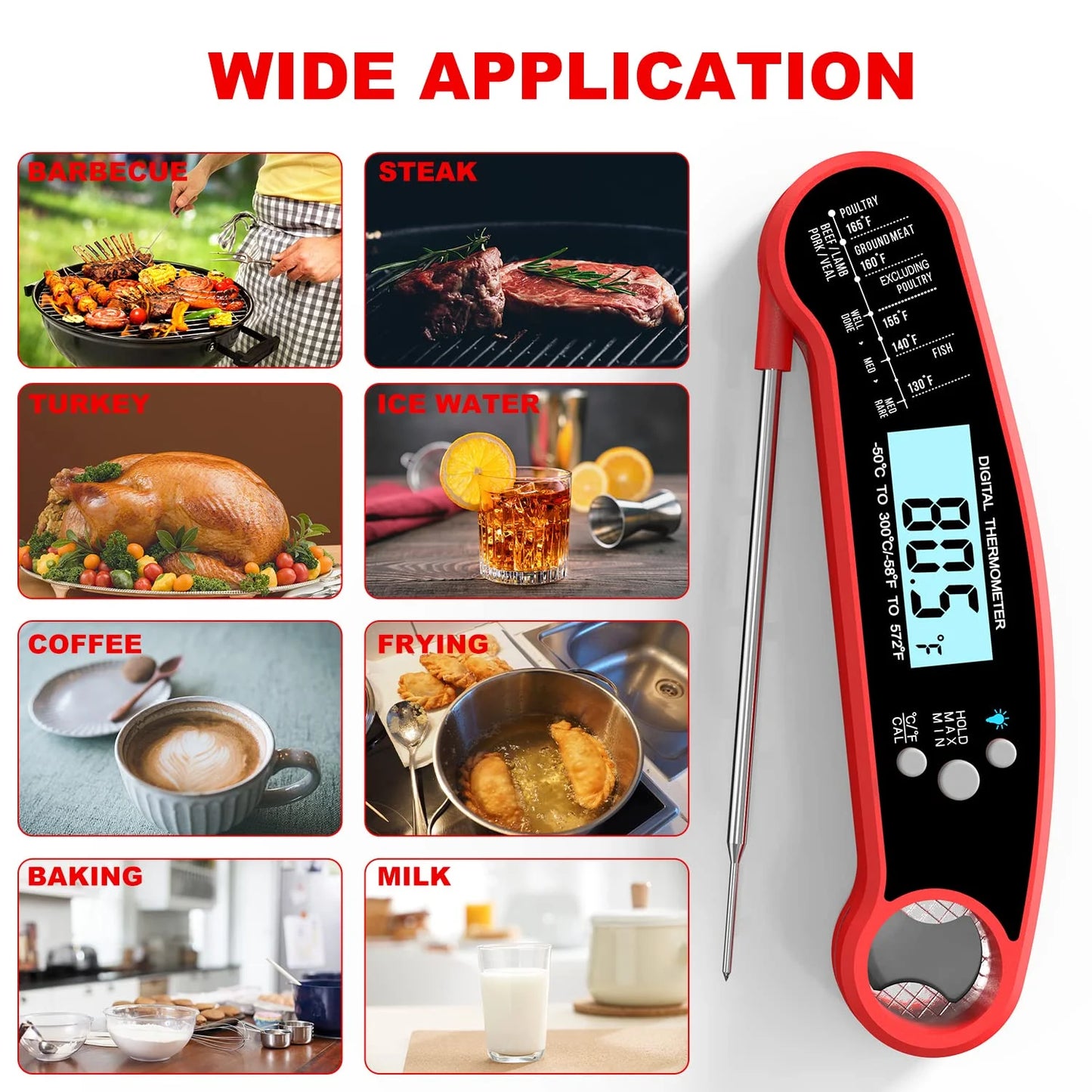 Digital Meat Thermometer for Grill, Instant Read Grill Thermometer, Stainless Steel Food Thermometer for Outdoor Cooking BBQ Accessories, Cooking Thermometer for Kitchen Oven