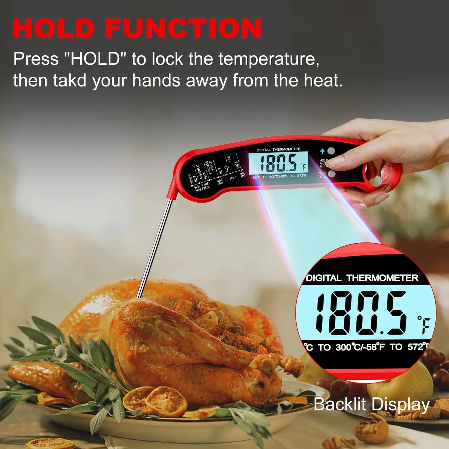 Digital Meat Thermometer for Grill, Instant Read Grill Thermometer, Stainless Steel Food Thermometer for Outdoor Cooking BBQ Accessories, Cooking Thermometer for Kitchen Oven