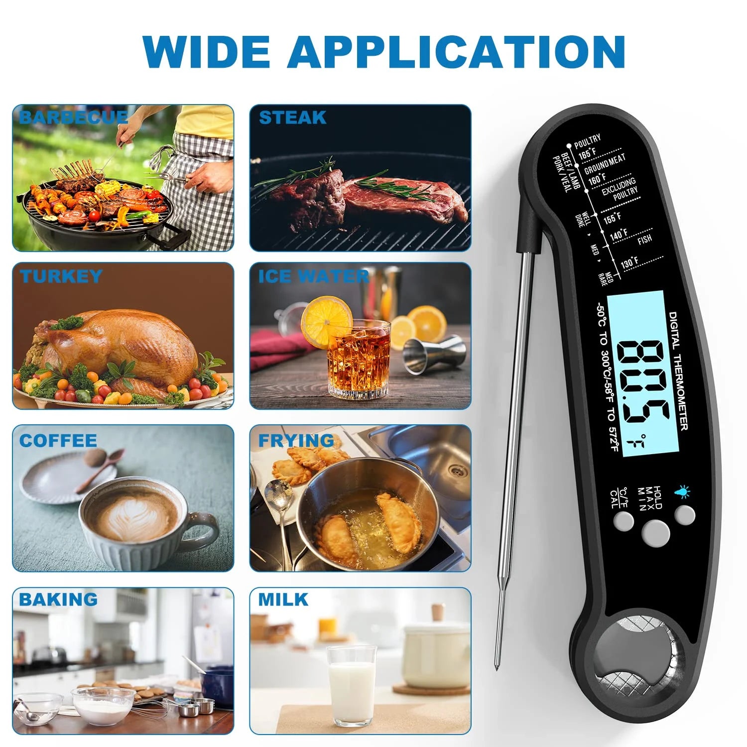 Instant Read Meat Thermometer Digital,  Food Thermometer for Cooking, Waterproof Grill Thermometer with Backlight & Calibration for Baking,Liquids,Candy,Clean, Black