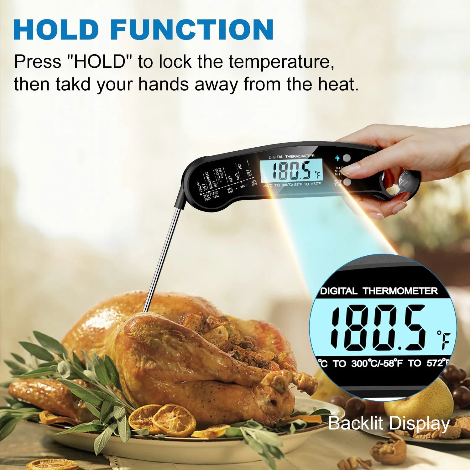 Instant Read Meat Thermometer Digital,  Food Thermometer for Cooking, Waterproof Grill Thermometer with Backlight & Calibration for Baking,Liquids,Candy,Clean, Black